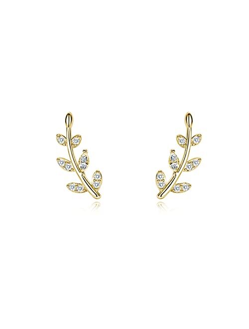 Reffeer 925 Sterling Silver Leaf Climber Stud Earrings Crawler for Women Girls Crystal Leaf Stud Earrings