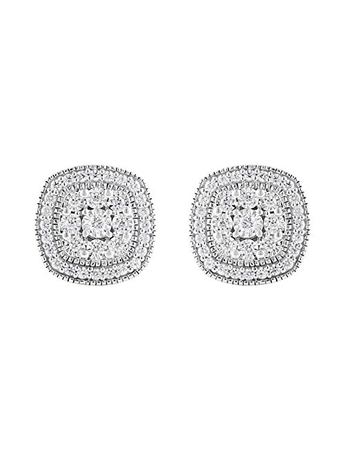 1/2 Carat Diamond, Illusion Set Sterling Silver Cushion Frame Miracle Plated Round-cut Diamond Stud Earring (J-K, I3) by La4ve Diamonds |Jewelry for Women Girls| Gift Box