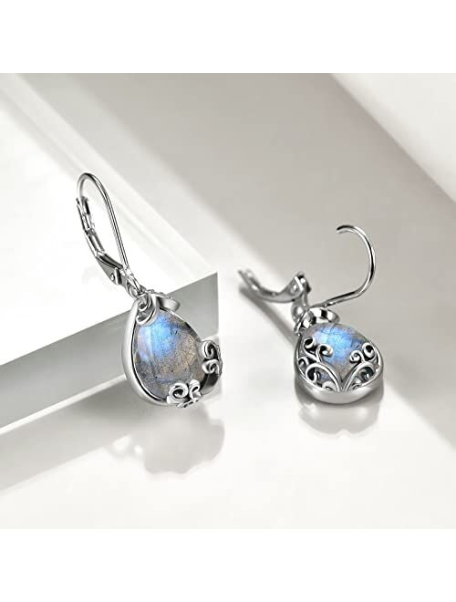 POPLYKE Celtic Moonstone Filigree Teardrop Drop Dangle Earrings Sterling Silver Leverback Earrings Jewelry