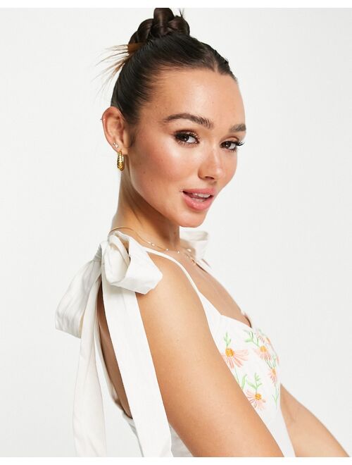 ASOS DESIGN cup detail sundress with tie shoulders with cream and coral floral embroidery