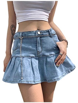 Tanming Women's Pleated Jean Skirt Y2K Casual A-Line Ruffle Denim Mini Skirts Skorts