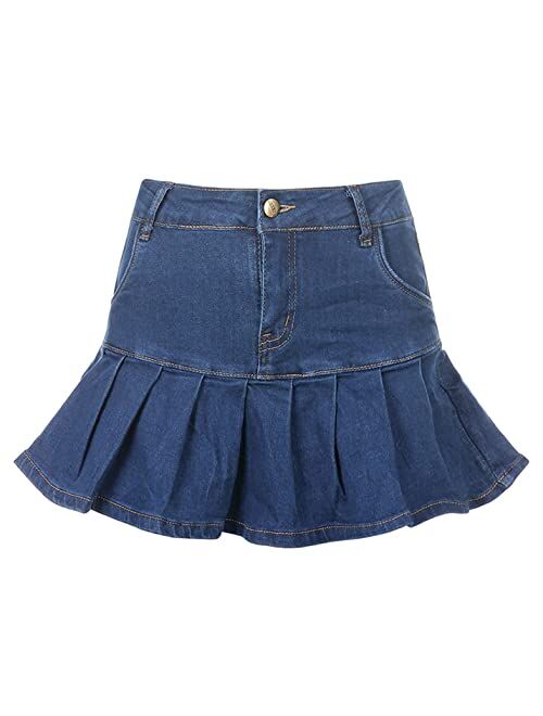 Tanming Women's Pleated Jean Skirt Y2K Casual A-Line Ruffle Denim Mini Skirts Skorts