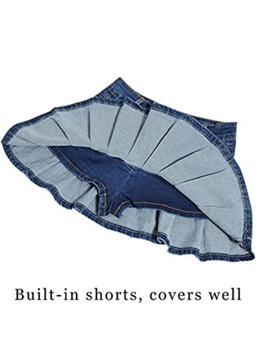Tanming Women's Pleated Jean Skirt Y2K Casual A-Line Ruffle Denim Mini Skirts Skorts