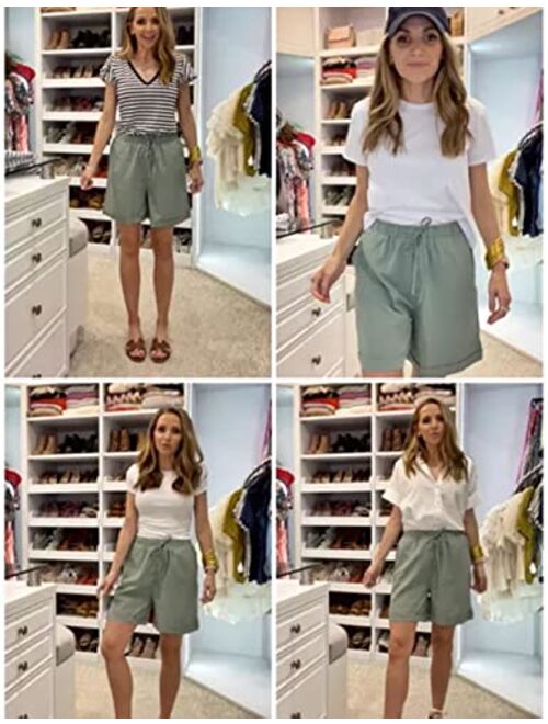 Tanming Women's Summer Casual Elastic Drawstring Rolled Hem Bermuda Shorts with Belt