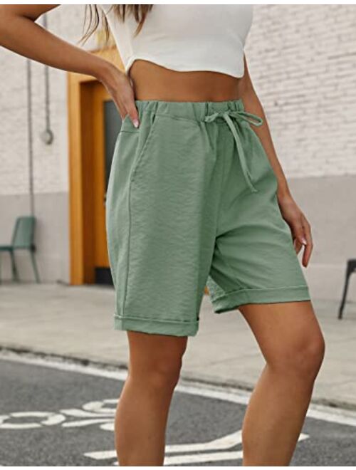 Tanming Women's Summer Casual Elastic Drawstring Rolled Hem Bermuda Shorts with Belt