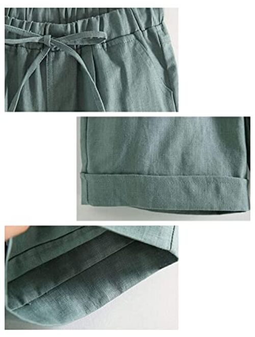 Tanming Women's Summer Casual Elastic Drawstring Rolled Hem Bermuda Shorts with Belt