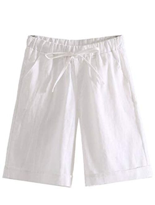 Tanming Women's Summer Casual Elastic Drawstring Rolled Hem Bermuda Shorts with Belt