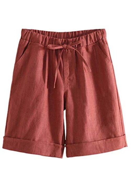 Tanming Women's Summer Casual Elastic Drawstring Rolled Hem Bermuda Shorts with Belt