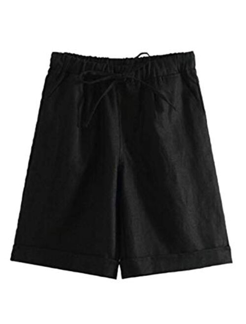 Tanming Women's Summer Casual Elastic Drawstring Rolled Hem Bermuda Shorts with Belt