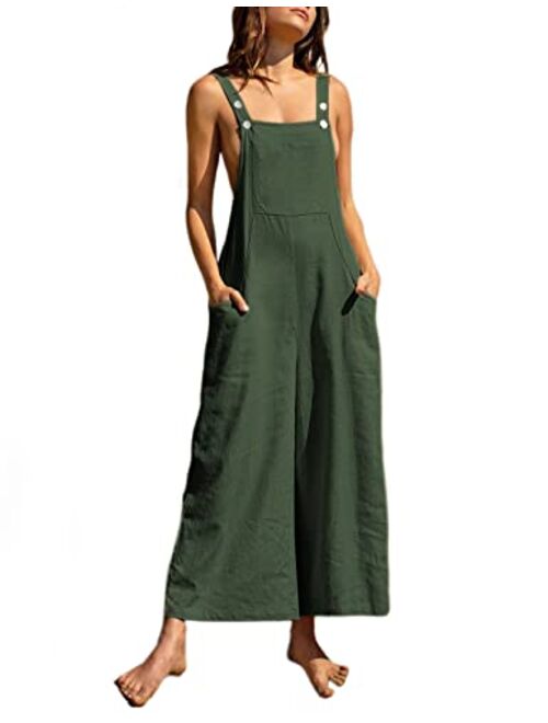 Tanming Women's Cotton Linen Loose Bib Overalls Summer Pocketed Black Wide Leg Jumpsuits