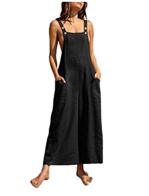 Tanming Women's Cotton Linen Loose Bib Overalls Summer Pocketed Black Wide Leg Jumpsuits