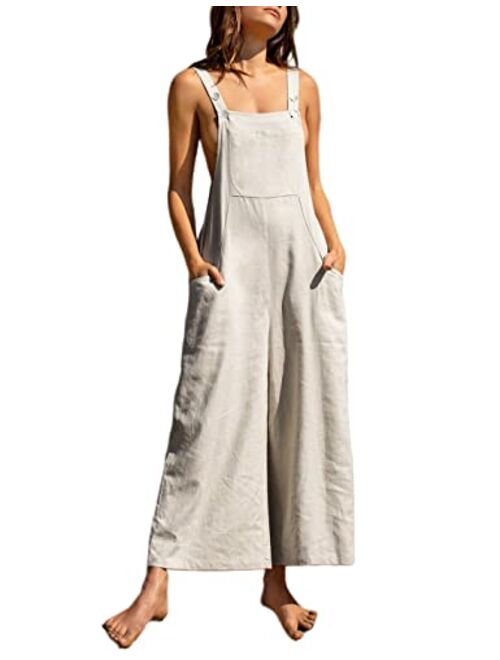 Tanming Women's Cotton Linen Loose Bib Overalls Summer Pocketed Black Wide Leg Jumpsuits