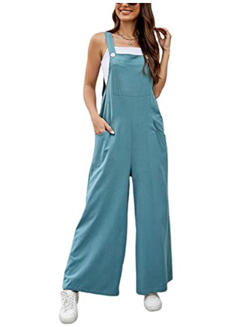 Tanming Women's Cotton Linen Loose Bib Overalls Summer Pocketed Black Wide Leg Jumpsuits