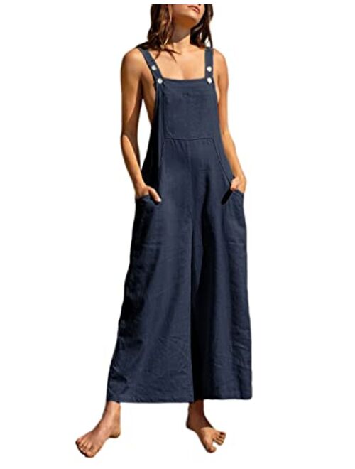 Tanming Women's Cotton Linen Loose Bib Overalls Summer Pocketed Black Wide Leg Jumpsuits