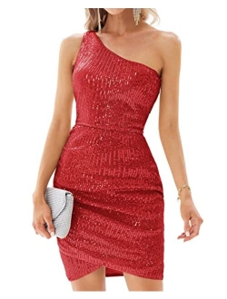 Womens Sequin Dress Sparkly Glitter One Shoulder Party Club Dress Wrap Hem Ruched Bodycon Dresses