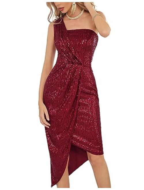 GRACE KARIN Womens Sequin Dress Sparkly Glitter One Shoulder Party Club Dress Wrap Hem Ruched Bodycon Dresses