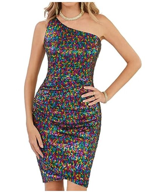 GRACE KARIN Womens Sequin Dress Sparkly Glitter One Shoulder Party Club Dress Wrap Hem Ruched Bodycon Dresses