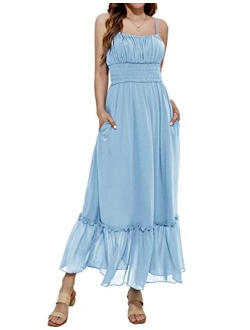 Womens Summer Maxi Dress Casual Sleeveless Spaghetti Strap Smocked Ruffle A Line Beach Long Dress with Pockets