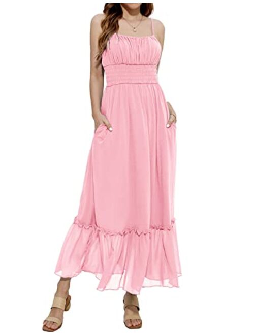 GRACE KARIN Womens Summer Maxi Dress Casual Sleeveless Spaghetti Strap Smocked Ruffle A Line Beach Long Dress with Pockets