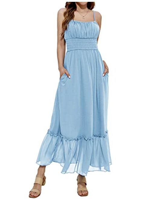 GRACE KARIN Womens Summer Maxi Dress Casual Sleeveless Spaghetti Strap Smocked Ruffle A Line Beach Long Dress with Pockets