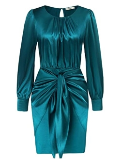 Womens Satin Long Sleeve Dress Tie Wrap Ruched Cocktail Dresses Wedding Guest Dresses