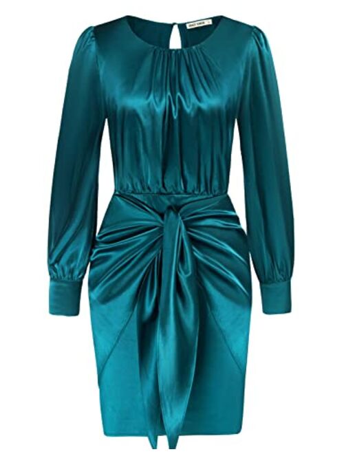 GRACE KARIN Womens Satin Long Sleeve Dress Tie Wrap Ruched Cocktail Dresses Wedding Guest Dresses