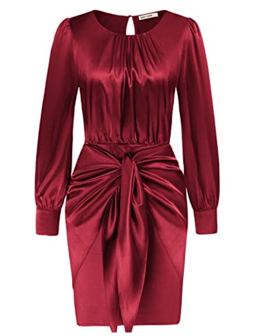 GRACE KARIN Womens Satin Long Sleeve Dress Tie Wrap Ruched Cocktail Dresses Wedding Guest Dresses