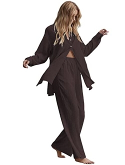 Women's 2 Piece Outfits Slit Hem Longline Blouse and Wide Leg Pants Set