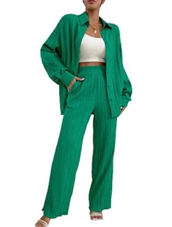 Women's 2 Piece Outfits Slit Hem Longline Blouse and Wide Leg Pants Set