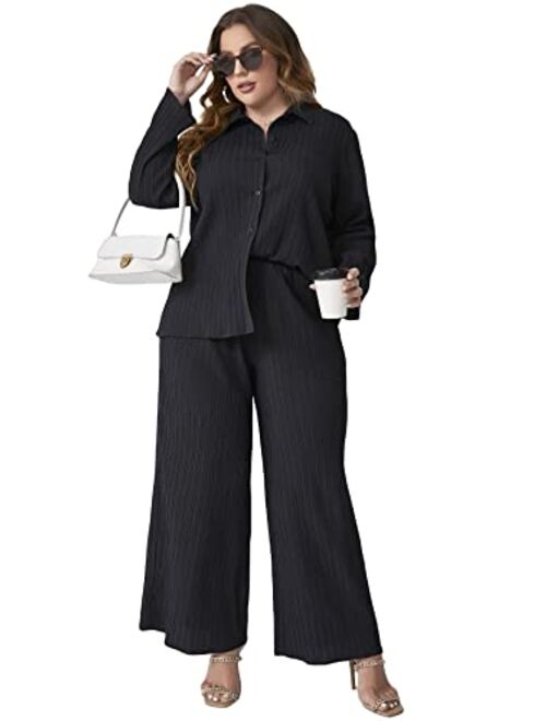 Floerns Women's 2 Piece Outfits Slit Hem Longline Blouse and Wide Leg Pants Set