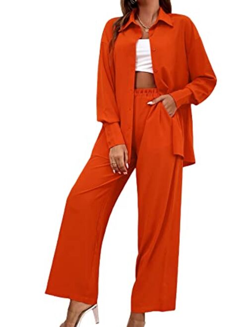 Floerns Women's 2 Piece Outfits Slit Hem Longline Blouse and Wide Leg Pants Set