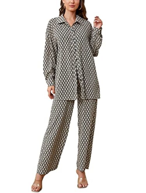 Floerns Women's 2 Piece Outfits Slit Hem Longline Blouse and Wide Leg Pants Set