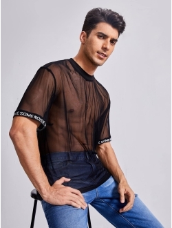 Men's Contrast Mesh See Through Short Sleeve Clubwear Tee Shirt Tops