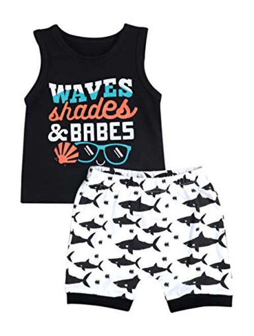 Helbaar Baby Boy Clothes Waves Shades and Babes Print Summer Black Sleeveless Tops and Wave Short Pants Outfits