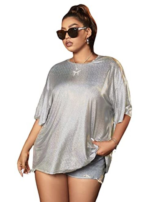 Verdusa Women's Plus Size Metallic T Shirt Drop Shoulder Oversized Tee Top