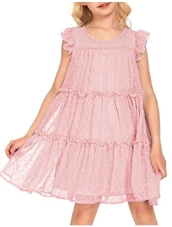 Girl's Summer Dress Flared Sleeve Loose Fit Swiss Dots Flowy Pleated Dress