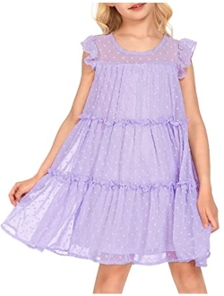 Girl's Summer Dress Flared Sleeve Loose Fit Swiss Dots Flowy Pleated Dress