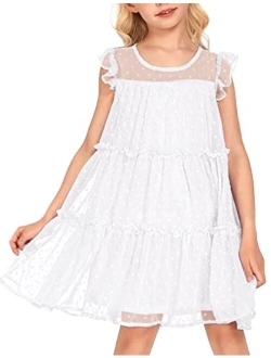Girl's Summer Dress Flared Sleeve Loose Fit Swiss Dots Flowy Pleated Dress