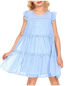 Girl's Summer Dress Flared Sleeve Loose Fit Swiss Dots Flowy Pleated Dress