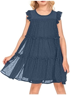 Girl's Summer Dress Flared Sleeve Loose Fit Swiss Dots Flowy Pleated Dress