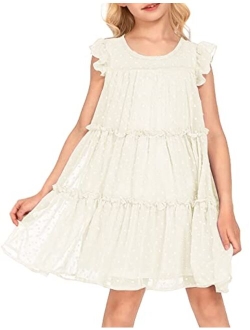 Girl's Summer Dress Flared Sleeve Loose Fit Swiss Dots Flowy Pleated Dress