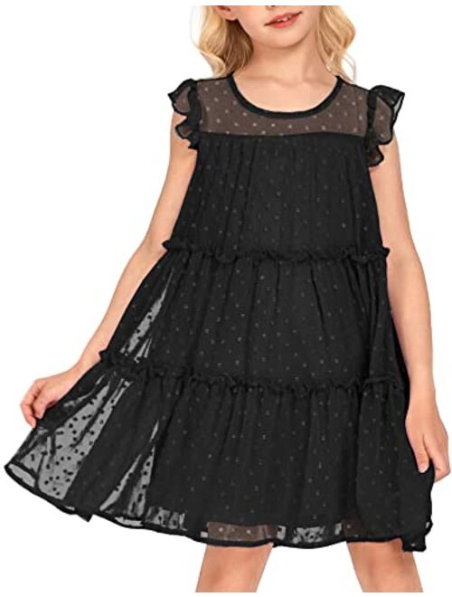 Arshiner Girl's Summer Dress Flared Sleeve Loose Fit Swiss Dots Flowy Pleated Dress