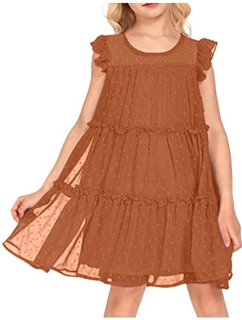 Arshiner Girl's Summer Dress Flared Sleeve Loose Fit Swiss Dots Flowy Pleated Dress