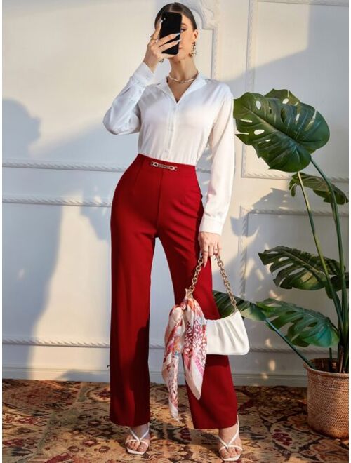 Shein Solid Button Front Blouse & Pants