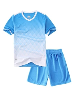 Hiheart Boys Quick Dry Short Sleeve T-shirt and Mesh Shorts Soccer Set