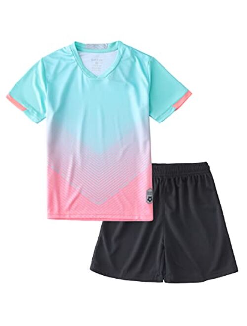 Hiheart Boys Quick Dry Short Sleeve T-shirt and Mesh Shorts Soccer Set