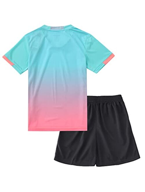 Hiheart Boys Quick Dry Short Sleeve T-shirt and Mesh Shorts Soccer Set