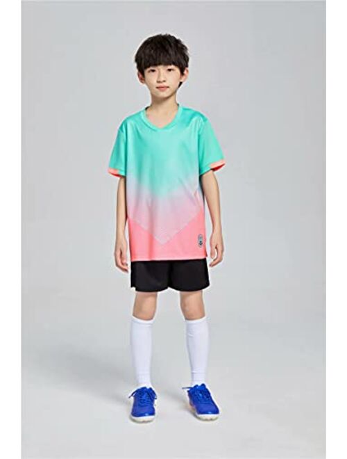 Hiheart Boys Quick Dry Short Sleeve T-shirt and Mesh Shorts Soccer Set