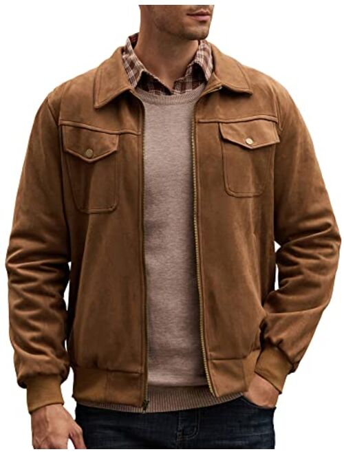 GRACE KARIN Men's Turn-Down Collar Front-Zip Suede Jacket Faux Leather Trucker Jackets Coat