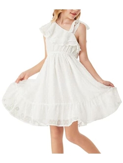 Girls Summer Dress One Shoulder Ruffle Sleeve Midi Casual Sundress